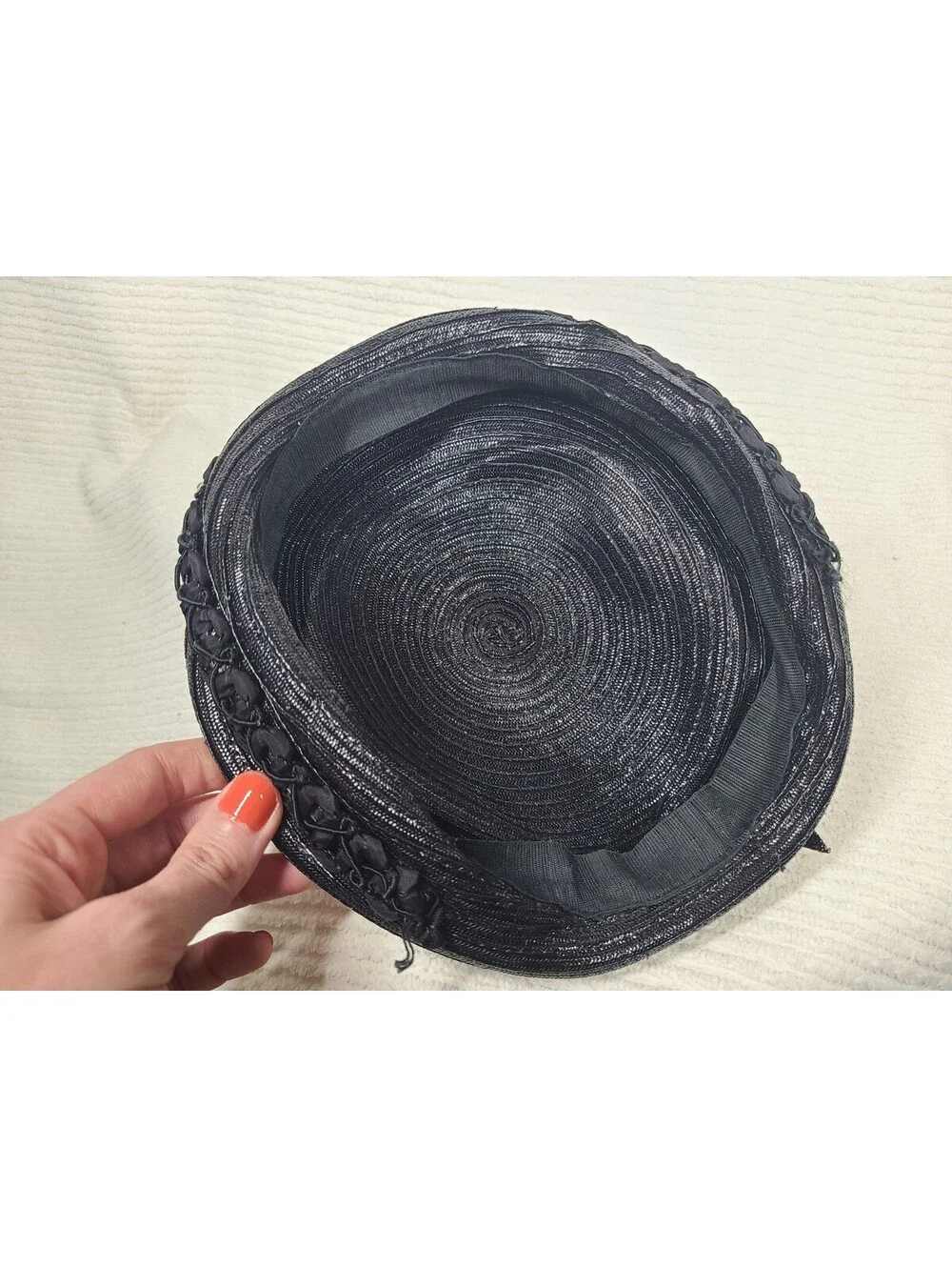 Vintage 1960s Navy Hat Woven Glossy Straw Demure Classic Hepburn Rhinestones